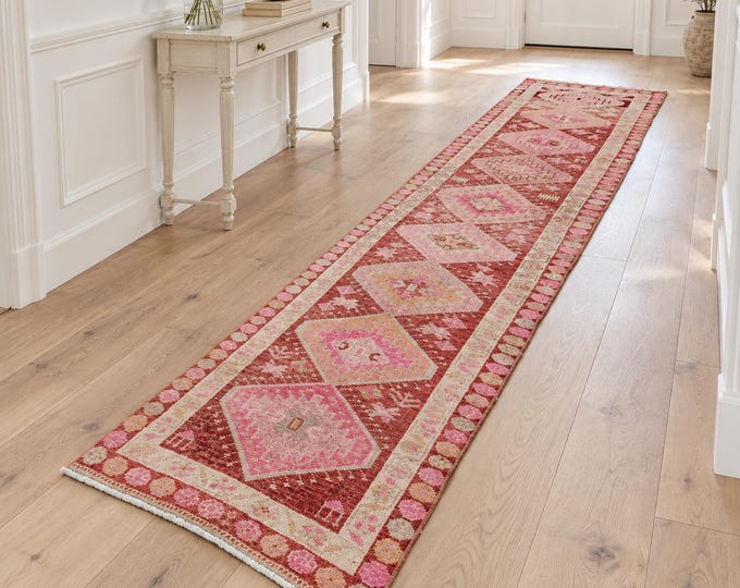 3x12 Vintage Turkish Runner Rug, Handmade Wool Red Pink Geometric Anatolian Hallway Rug