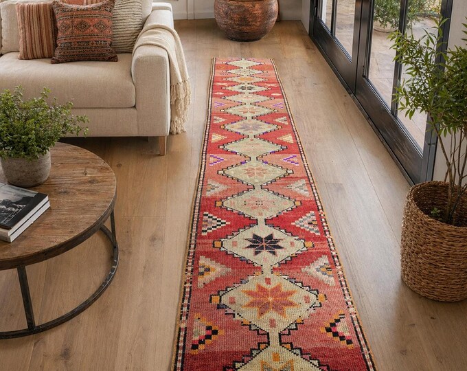 3x12 Vintage Turkish Runner Rug, Handmade Wool Geometric Hallway Carpet