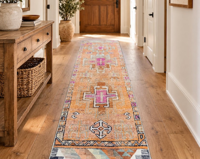 3x11 Vintage Moroccan Wool Runner, Orange Pink Tribal Hallway Rug 2'7" x 10'9"