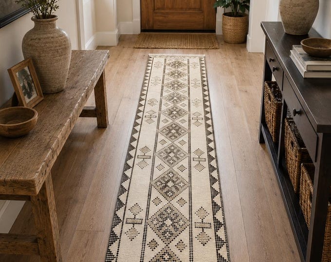 3x12 Vintage Turkish Oushak Runner Rug, Neutral Beige Wool Tribal Geometric Hallway Carpet