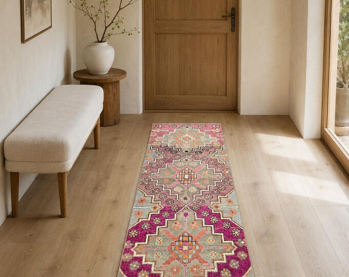 2x7 Vintage Turkish Oushak Runner Rug, Handmade Wool Pink Sage Geometric Hallway Carpet