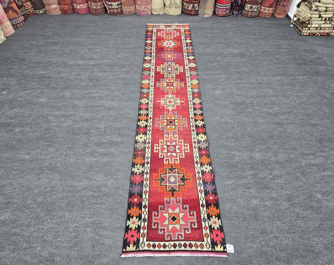 2x12 Vintage Turkish Herki Wool Runner Rug, Red Geometric Star Design (2'4" x 12'1")