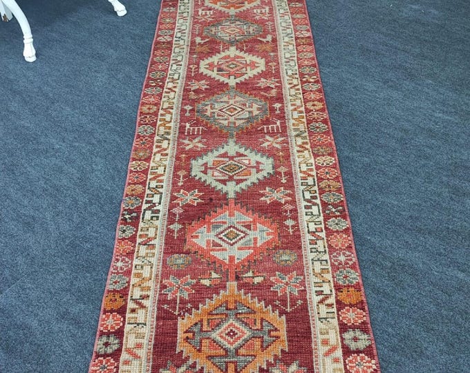 3x8 Vintage Turkish Runner Rug, Red Geometric Medallion Hallway Runner 2'6" x 7'7"