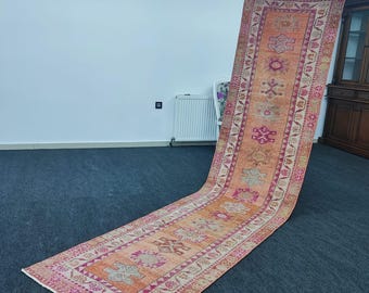 3x11 Ft Pink Oushak Runner Rug 2.6x11.3 Ft | Vintage Turkish Hallway Runner | Handmade Wool Anatolian Rug | Boho Runner Rug