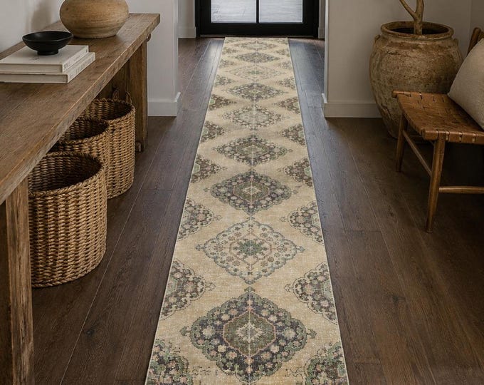 3x24 Vintage Turkish Oushak Runner Rug, Extra Long Neutral Wool Hallway Carpet