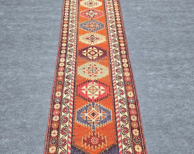 Vintage Turkish Wool Runner Rug 2x14 | Handmade Anatolian Hallway Kitchen Carpet