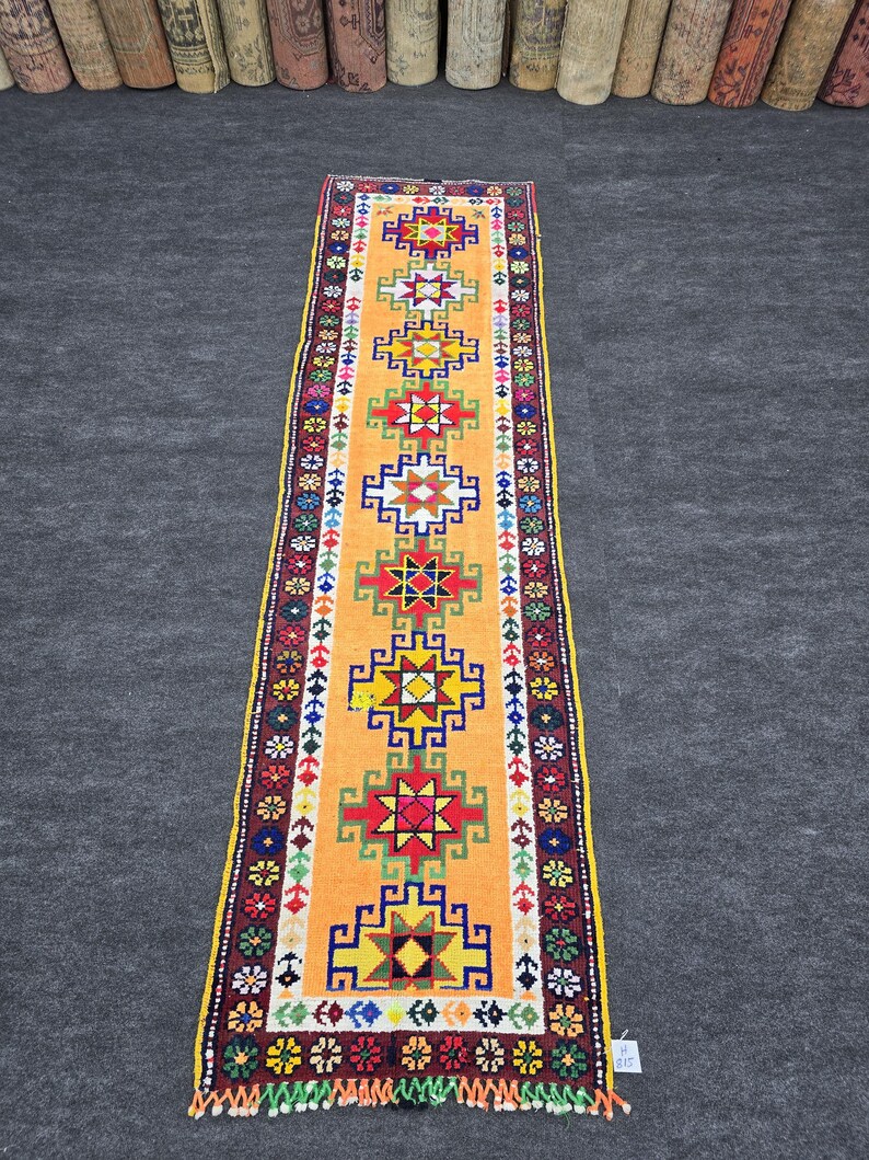 3x9 Vintage Turkish Wool Runner Rug, Colorful Orange Geometric Hallway ...