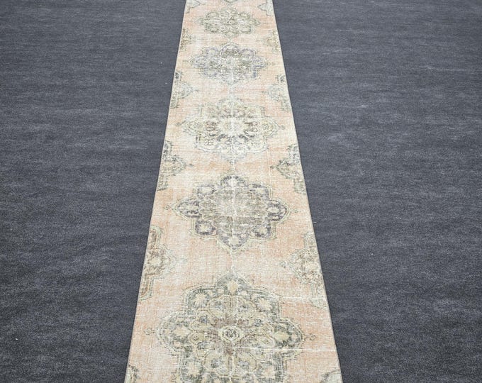 3x25 Vintage Turkish Oushak Runner Rug, Extra Long Peach Medallion Hallway Rug