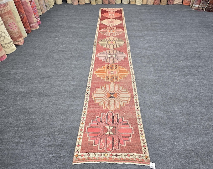 3x16 Vintage Turkish Oushak Wool Runner Rug, Muted Rose Geometric Extra Long Hallway Carpet