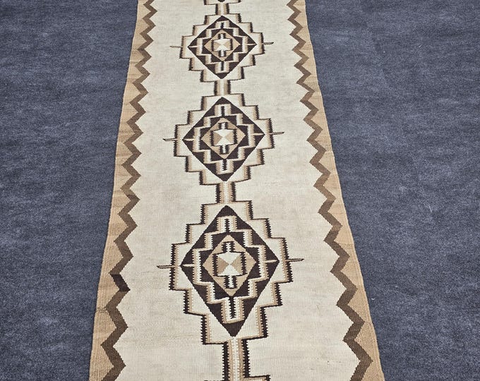 3x9 Vintage Turkish Kilim Runner Rug, Ivory Brown Handmade Wool Tribal Hallway Runner