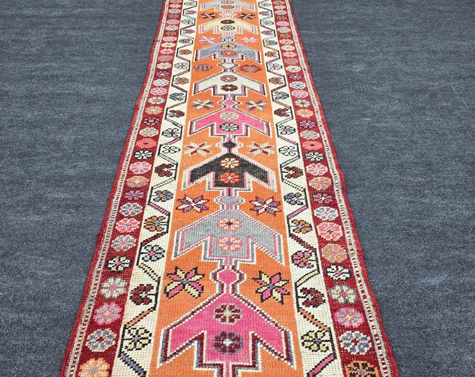 3x13 Vintage Turkish Wool Runner, Colorful Anatolian Hallway Rug, Handmade Geometric Southwestern Decor