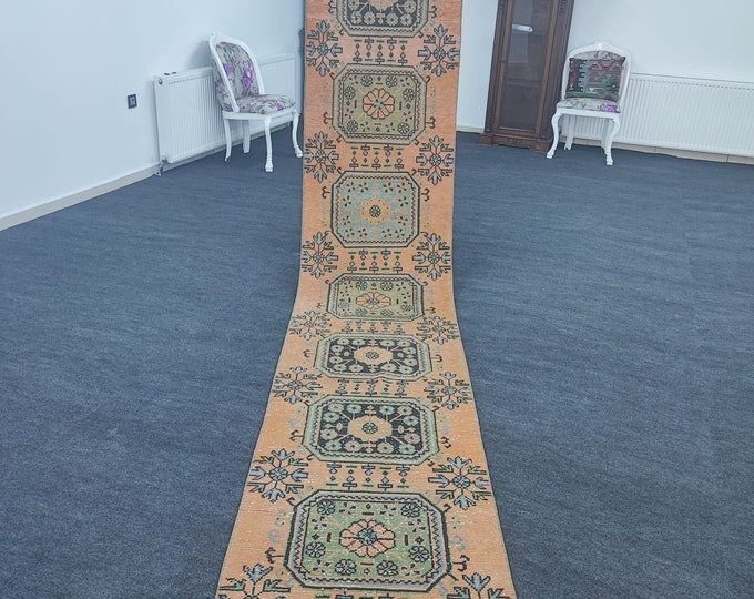 3x19 Vintage Turkish Oushak Wool Runner Rug, Green Orange Geometric Hallway Design (2'6" x 18'9")