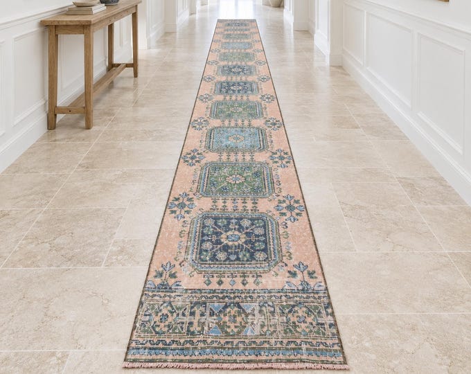 3x21 Vintage Turkish Oushak Runner Rug, Handmade Wool Peach Blue Extra Long Hallway Carpet