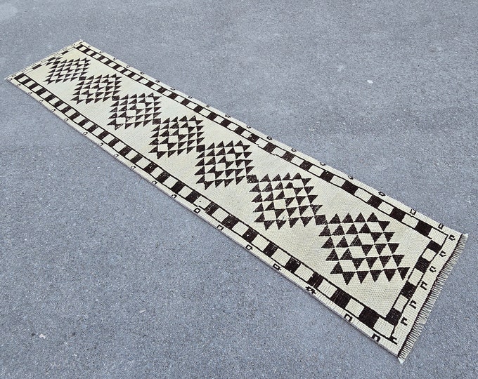 3x11 Vintage Moroccan Beni Ourain Runner Rug, Handmade Wool Geometric Boho Hallway Rug