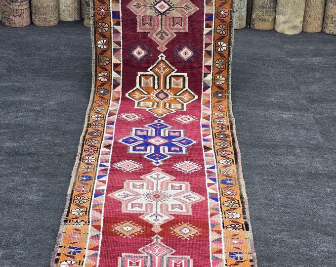 3x11 Vintage Turkish Wool Runner Rug, Burgundy Pink Geometric Hallway Carpet (2'10" x 10'11")