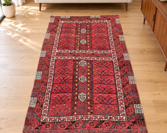 4x7 Vintage Turkish Wool Area Rug, Red Tribal Geometric Anatolian Rug, 4'5" x 6'11"