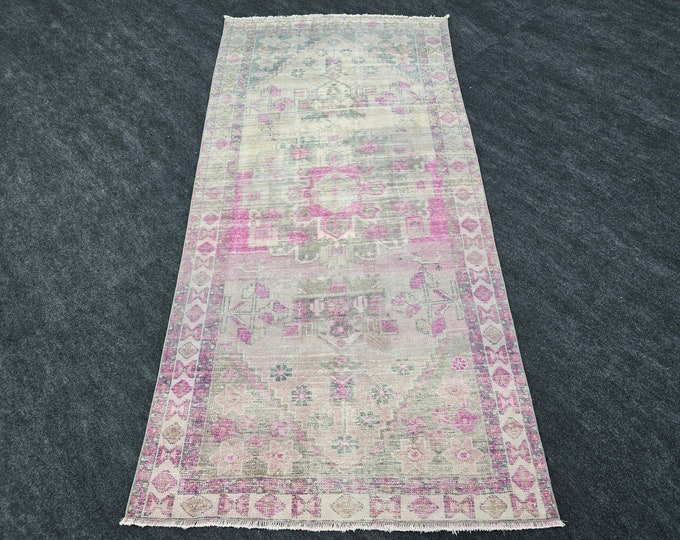 4x8 Vintage Turkish Oushak Area Rug, Faded Pink Beige Wool Living Room Rug