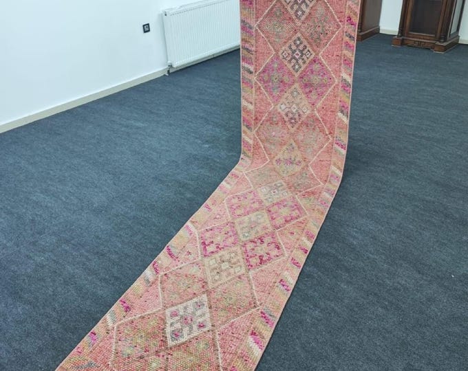 Vintage Turkish Wool Runner, Faded Pink Green Geometric Anatolian Hallway Rug, 3x12 Ft