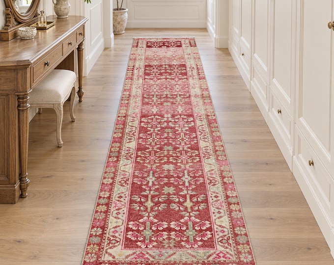3x11 Vintage Turkish Wool Runner Rug, Faded Red Beige Floral Hallway Design (2'8" x 11'4")