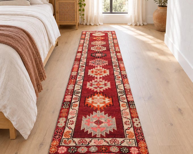 3x13 Vintage Turkish Wool Runner Rug, Red Cream Herki Geometric Medallions, 2'8" x 13'