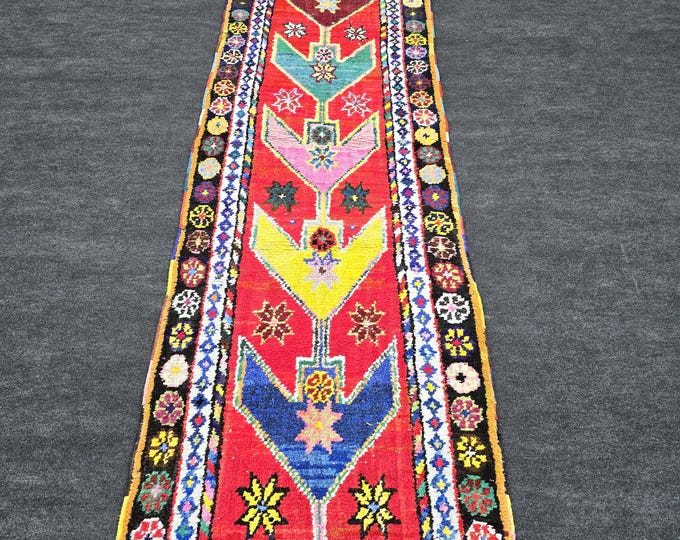 3x12 Vintage Turkish Herki Wool Runner, Colorful Geometric Hallway Rug (2'11" x 11'6")
