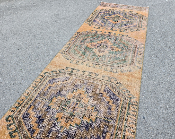 3x24 Vintage Turkish Wool Runner Rug, Extra Long Hallway Carpet, Handmade Anatolian Runner