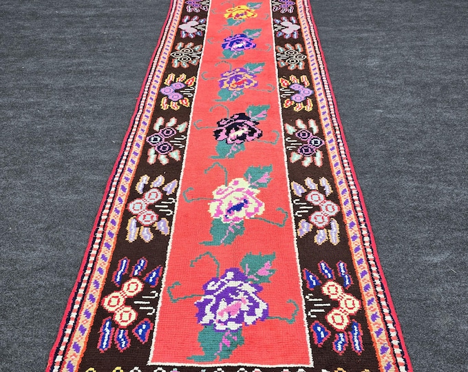 3x12 Vintage Turkish Floral Runner Rug, Pink Coral Wool Hallway Carpet, 2'11" x 12'4"
