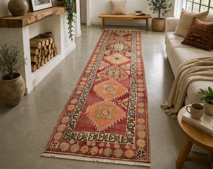 2x9 Vintage Turkish Herki Runner Rug, Handmade Wool Tribal Geometric Hallway Carpet