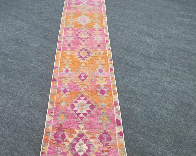 3x14 Vintage Turkish Herki Runner Rug, Pink Orange Geometric Wool Carpet for Long Hallways