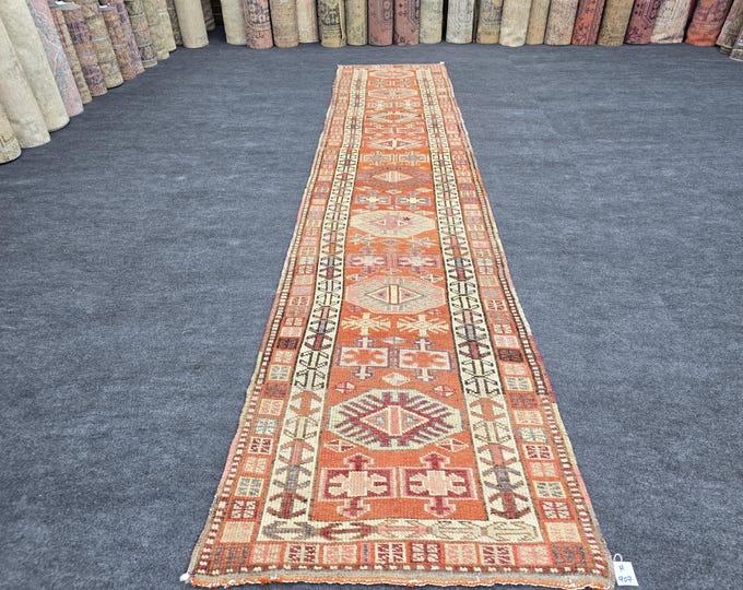 3x13 Vintage Turkish Oushak Wool Runner, Orange Geometric Hallway Rug (3' x 12'10")