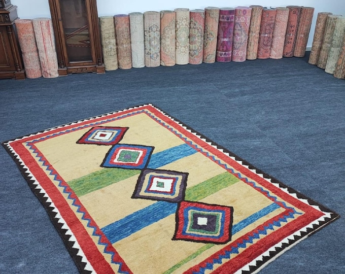 Vintage Turkish Wool Area Rug 5x8ft, Cream Red Blue Diamond Pattern, Boho Tribal Decor