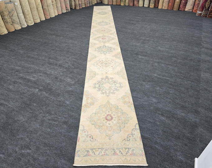 3x24 Vintage Turkish Oushak Runner Rug, Handmade Wool Extra Long Hallway Carpet