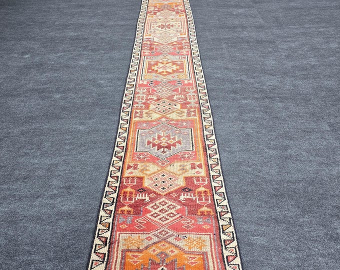 2x13 Vintage Turkish Oushak Runner Rug, Handmade Wool Narrow Carpet, Rust Orange Geometric Runner