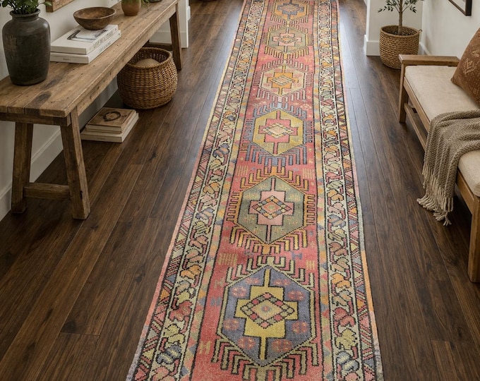 3x11 Vintage Turkish Runner Rug, Handmade Wool Geometric Tribal Hallway Carpet, Boho Decor