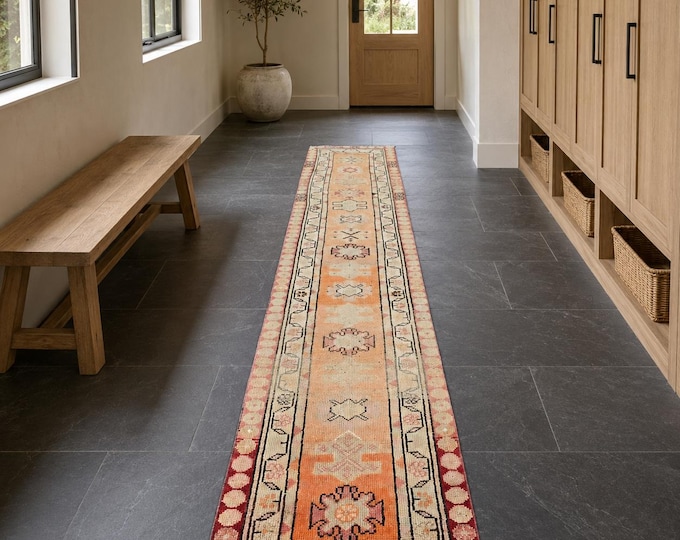 2x10 Vintage Turkish Oushak Runner Rug, Handmade Wool Peach Ivory Tribal Hallway Carpet