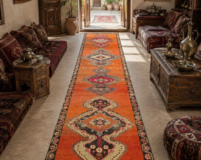 3x14 Vintage Turkish Runner Rug, Burnt Orange Wool Geometric Anatolian Hallway Rug