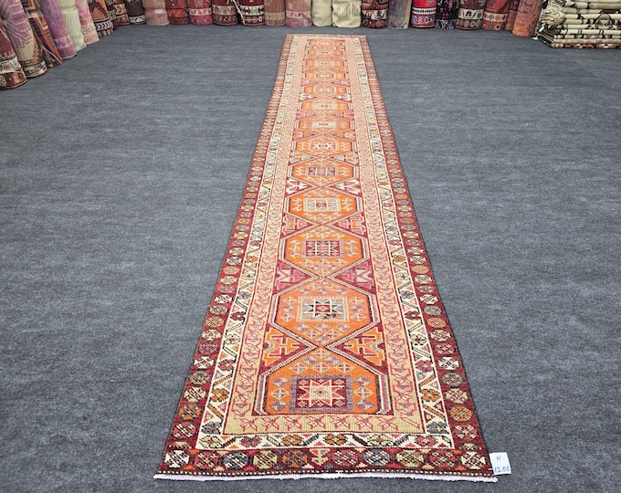 3x15 Vintage Turkish Wool Runner, Orange Geometric Extra Long Hallway Rug (2'10" x 15'3")