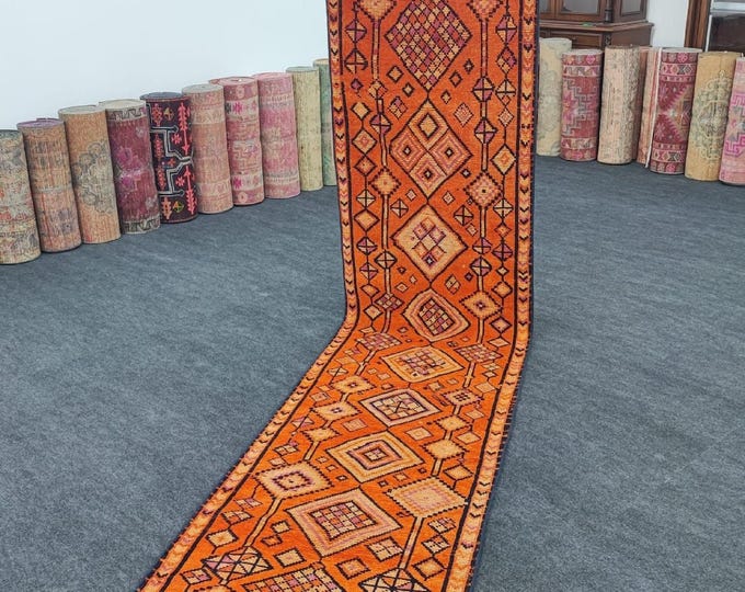 3x12 Vintage Turkish Herki Runner Rug, Orange Black Tribal Geometric Hallway Rug