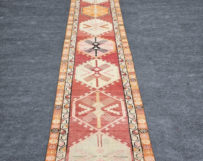 3x11 Vintage Turkish Oushak Runner Rug, Terracotta Handmade Wool Geometric Anatolian Hallway Runner