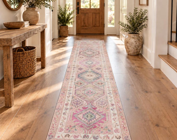 3x11 Vintage Turkish Oushak Runner Rug, Handmade Wool Pastel Pink Hallway Carpet (2'7" x 10'10")
