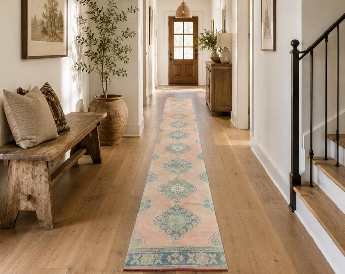 2x21 Vintage Turkish Oushak Wool Runner Rug, Blush Beige Floral Extra Long Hallway Design
