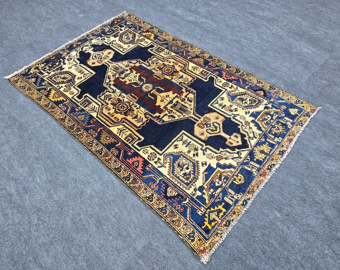 4x6 Vintage Turkish Area Rug, Navy Blue Brown Wool Carpet, Handmade Anatolian Medallion Decor