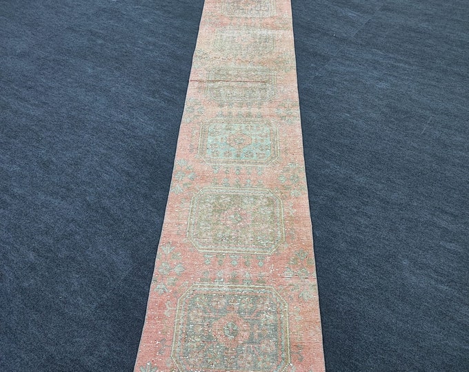 2x22 Vintage Turkish Wool Runner Rug, Faded Pink Blue Extra Long Hallway Rug