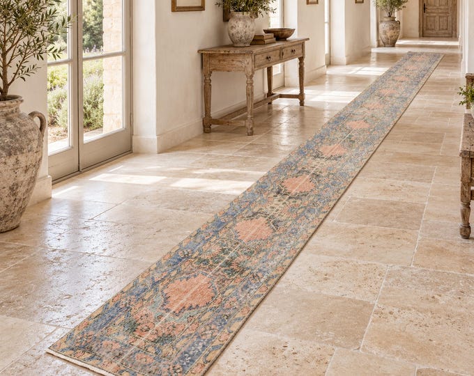 2x24 Vintage Turkish Runner Rug, Faded Peach Blue Anatolian Wool Hallway Runner