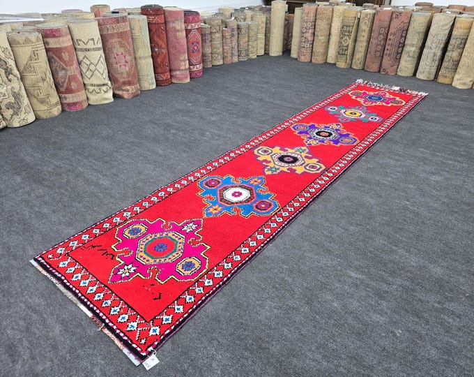 3x13 Vintage Turkish Runner Rug, Handmade Wool Red Colorful Tribal Anatolian Hallway Carpet
