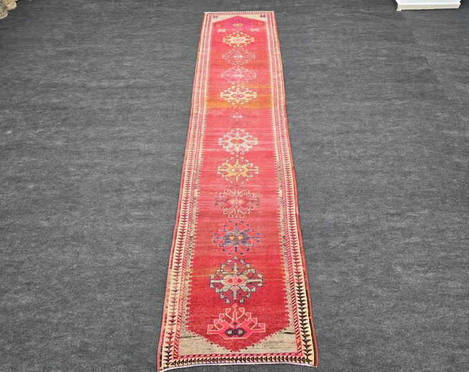 3x13 Vintage Turkish Runner Rug, 3' x 12'11" Faded Red Pink Tribal Wool Hallway Rug