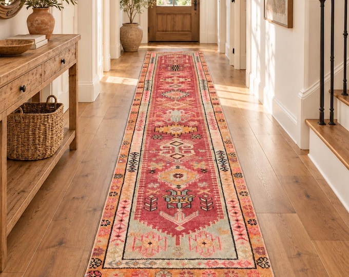 Vintage Turkish Runner Rug 3x12, Handmade Terracotta Red Wool Anatolian Tribal Carpet