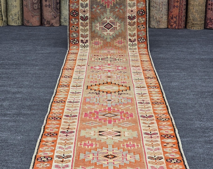 3x14 Vintage Turkish Oushak Runner Rug, Handmade Wool Tribal Hallway Carpet, (2'9" x 14'1")