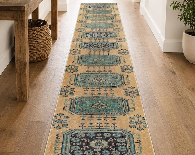 3x22 Vintage Turkish Oushak Runner Rug, Salmon Blue Wool Extra Long Hallway Carpet