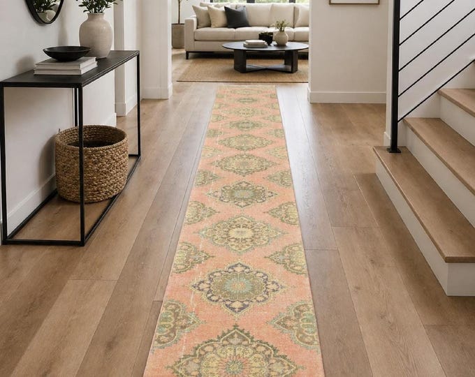 3x23 Vintage Turkish Runner Rug, Handmade Wool Anatolian Boho Extra Long Hallway Carpet